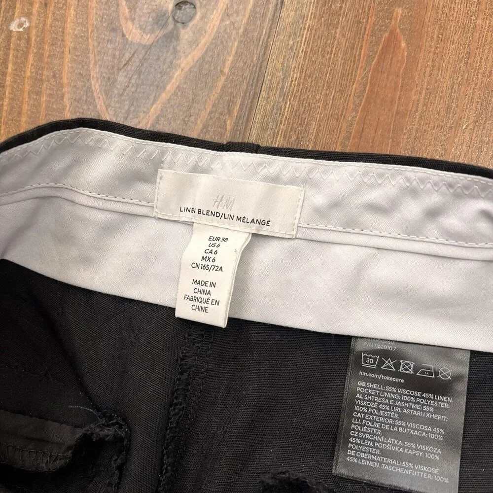 H&M Womens Pants Linen Blend Size 6 Pleated Front Pockets Black